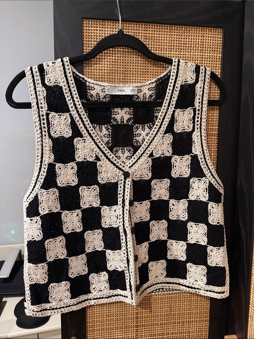 Mango Black and White Crochet Checkerboard Tank